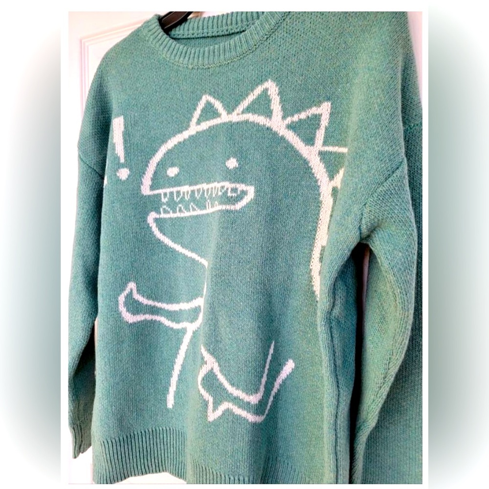 Dinosaur Print Wool Blend Sweater L Unisex